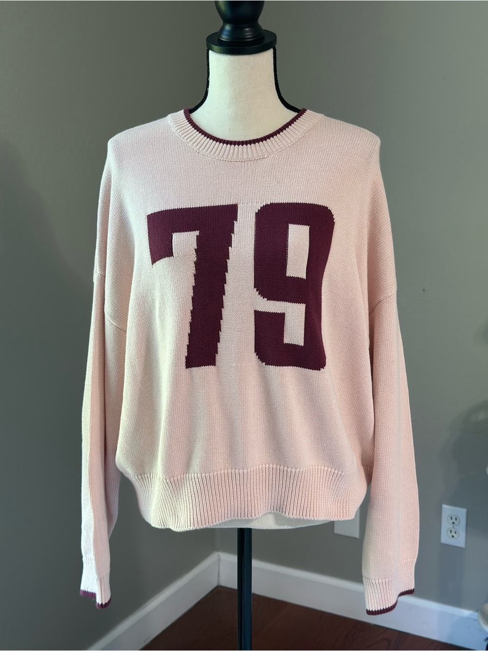 Cotton On Light Pink Crewneck Sweater with Burgundy '79' Graphic